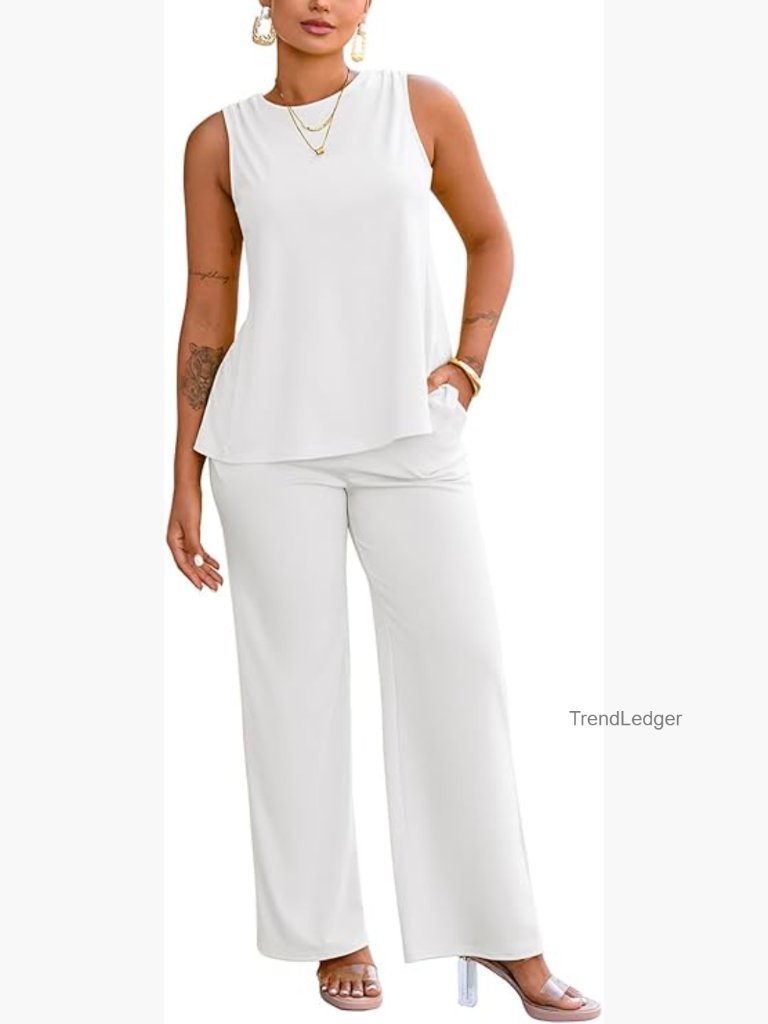 Sleeveless Lounge Set With Wide Leg Pants, 2 Piece Matching Outfit